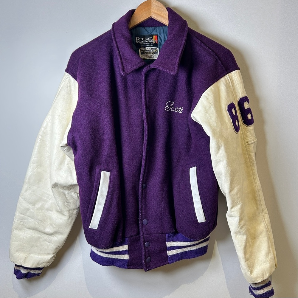 Vintage Purple Wool and White Leather “Knights” Varsity Jacket 1986 Size 42